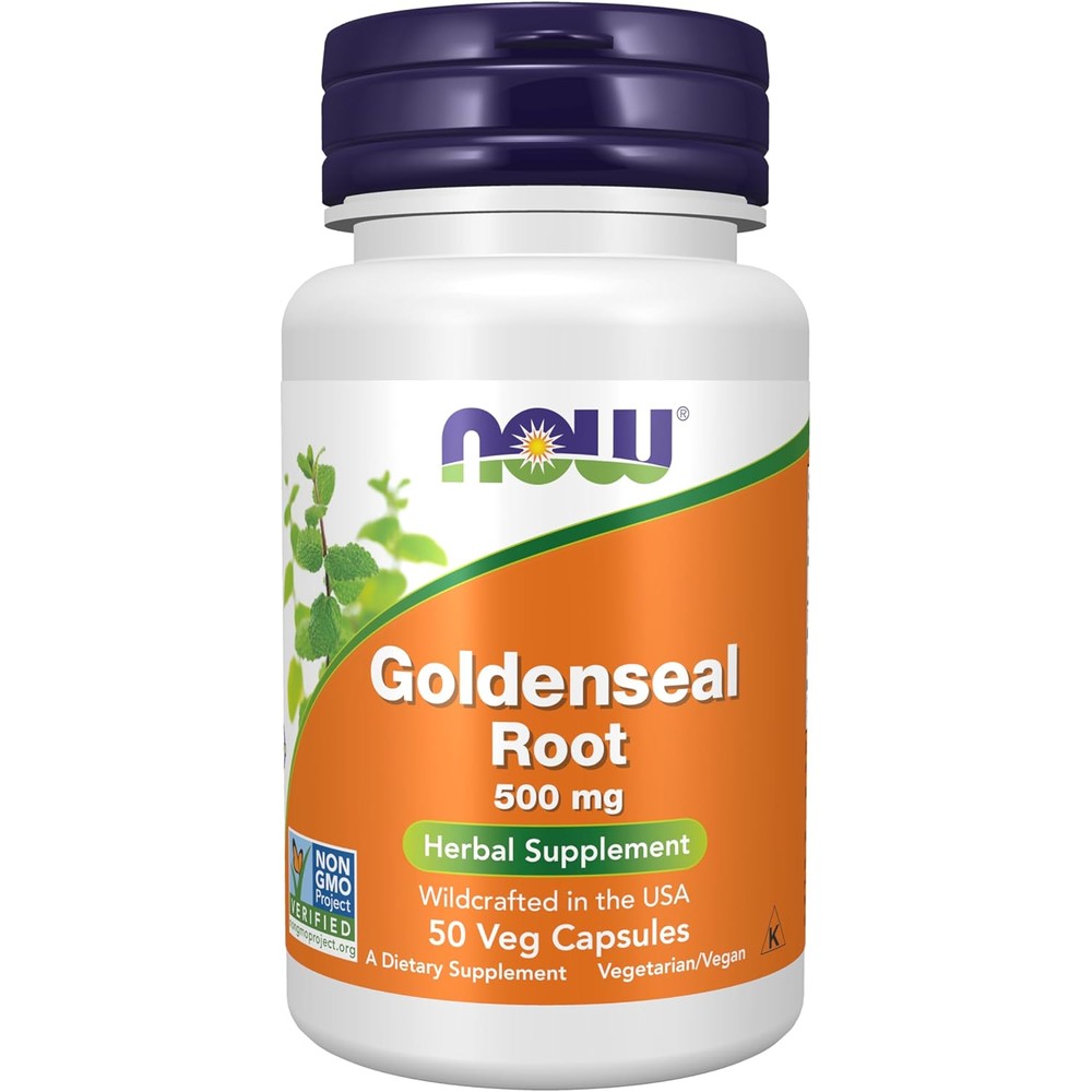 NOW Foods Goldenseal Root 500 mg 50 vegan capsules front bottle view for immune support