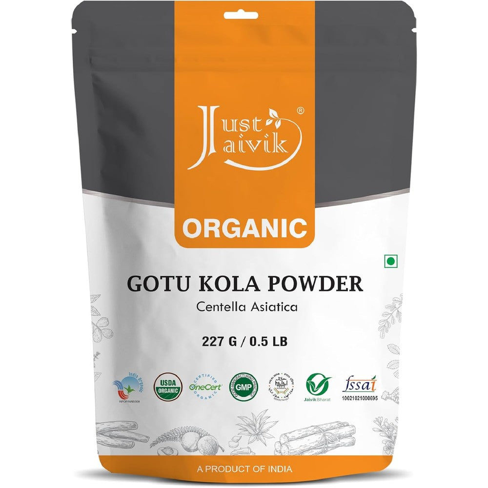 Just Jaivik 100% Organic Gotu Kola Powder 227g front packaging view showing certified organic logos