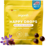 Organifi Happy Drops mood support supplement bag featuring 60 sweet lemon flavor gummies for bliss and energy.