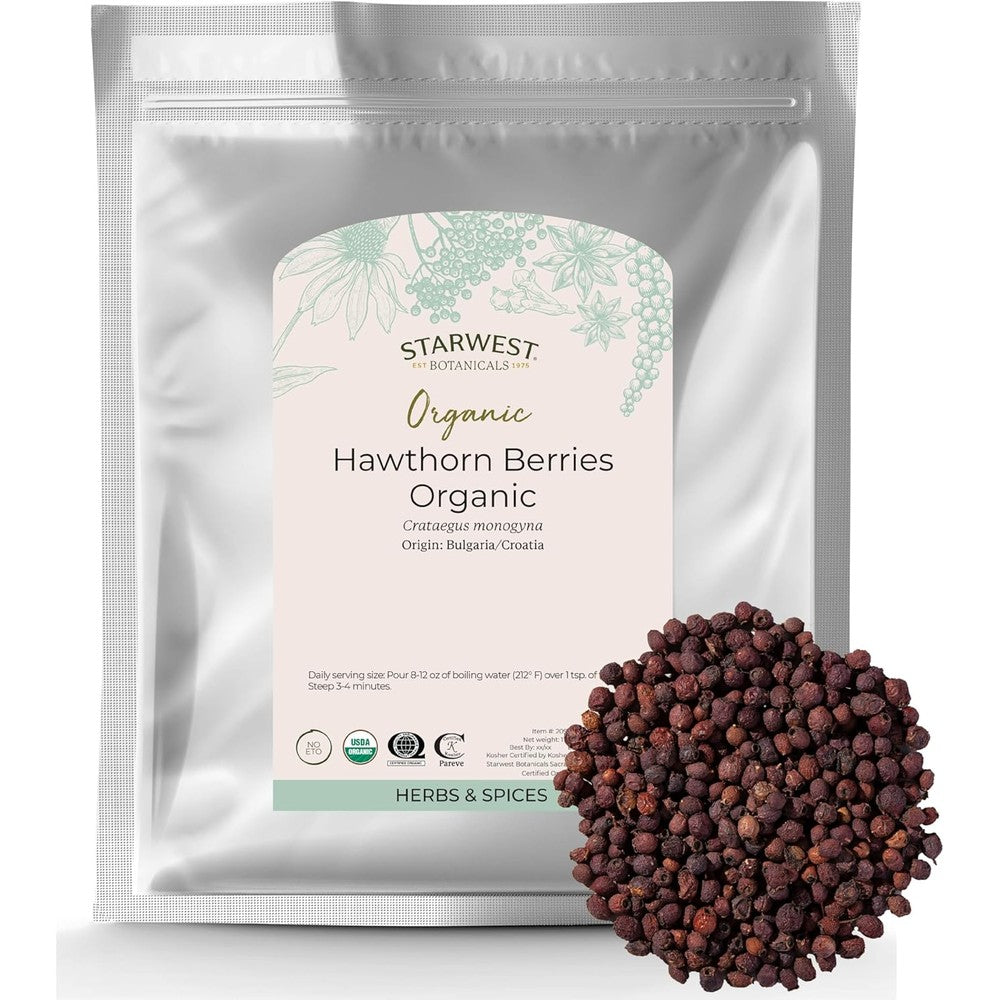 Starwest Botanicals Organic Whole Hawthorn Berries front view packaging showing authentic bulk herb bag.