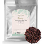 Starwest Botanicals Organic Whole Hawthorn Berries front view packaging showing authentic bulk herb bag.