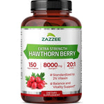 Zazzee Naturals Extra Strength Hawthorn Berry 150 capsules bottle front view showing 8000 mg strength formulation.