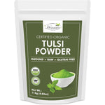Organic tulsi powder in a resealable zip lock pouch for immunity and total body wellness