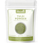 Natural dried tulsi leaves powder in a 7oz bag for ayurvedic herbal tea and immunity