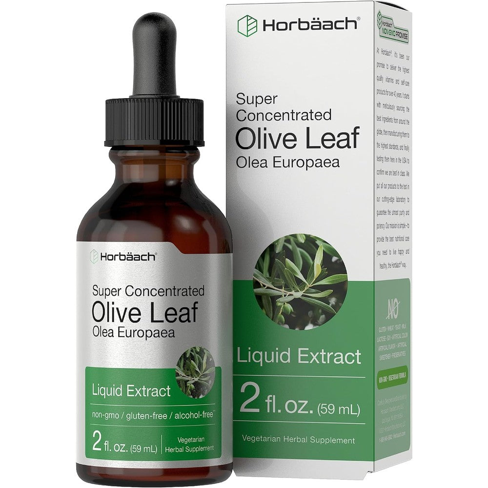 Horbäach Olive Leaf Extract Liquid 2 Fluid Ounce bottle front view showing clean vegetarian formula label.