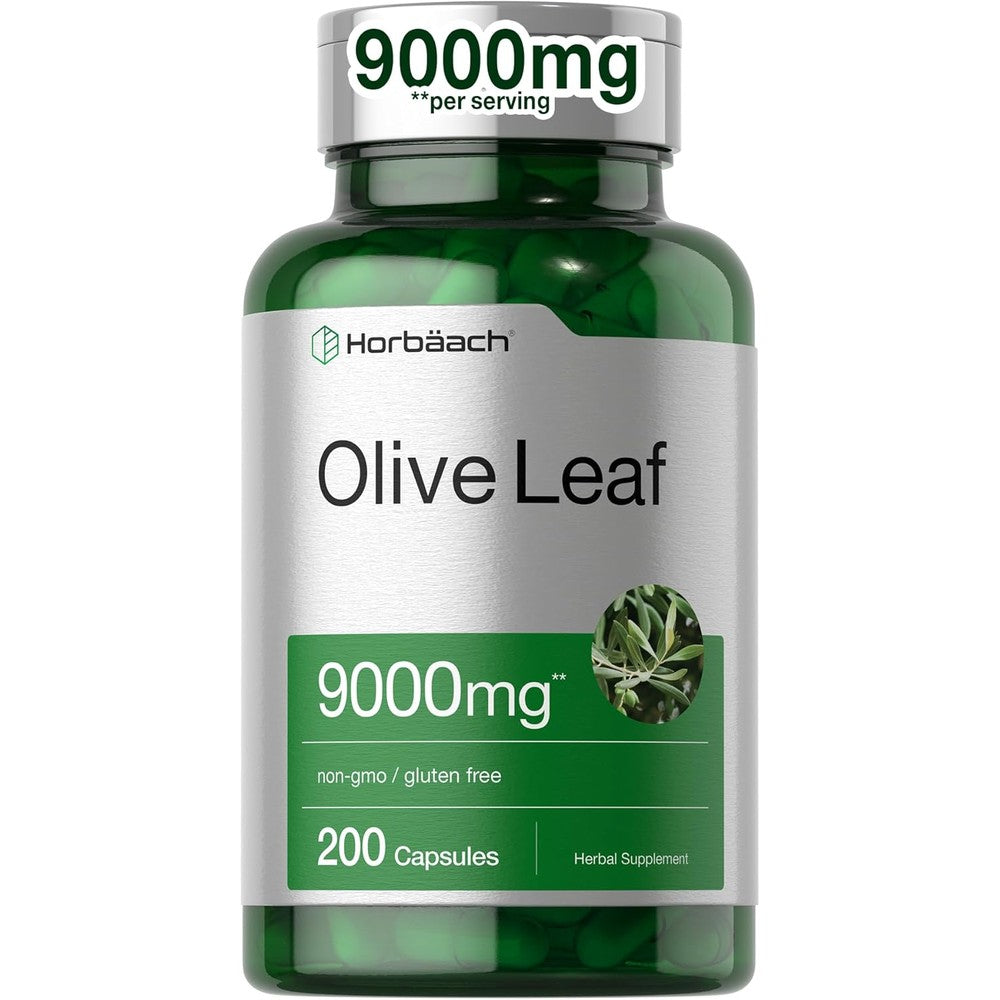 Horbäach Olive Leaf Extract 9000mg 200 capsules front view bottle for immune support