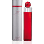 Perry Ellis 360 Red Eau De Toilette front view of the cylindrical silver bottle and packaging box