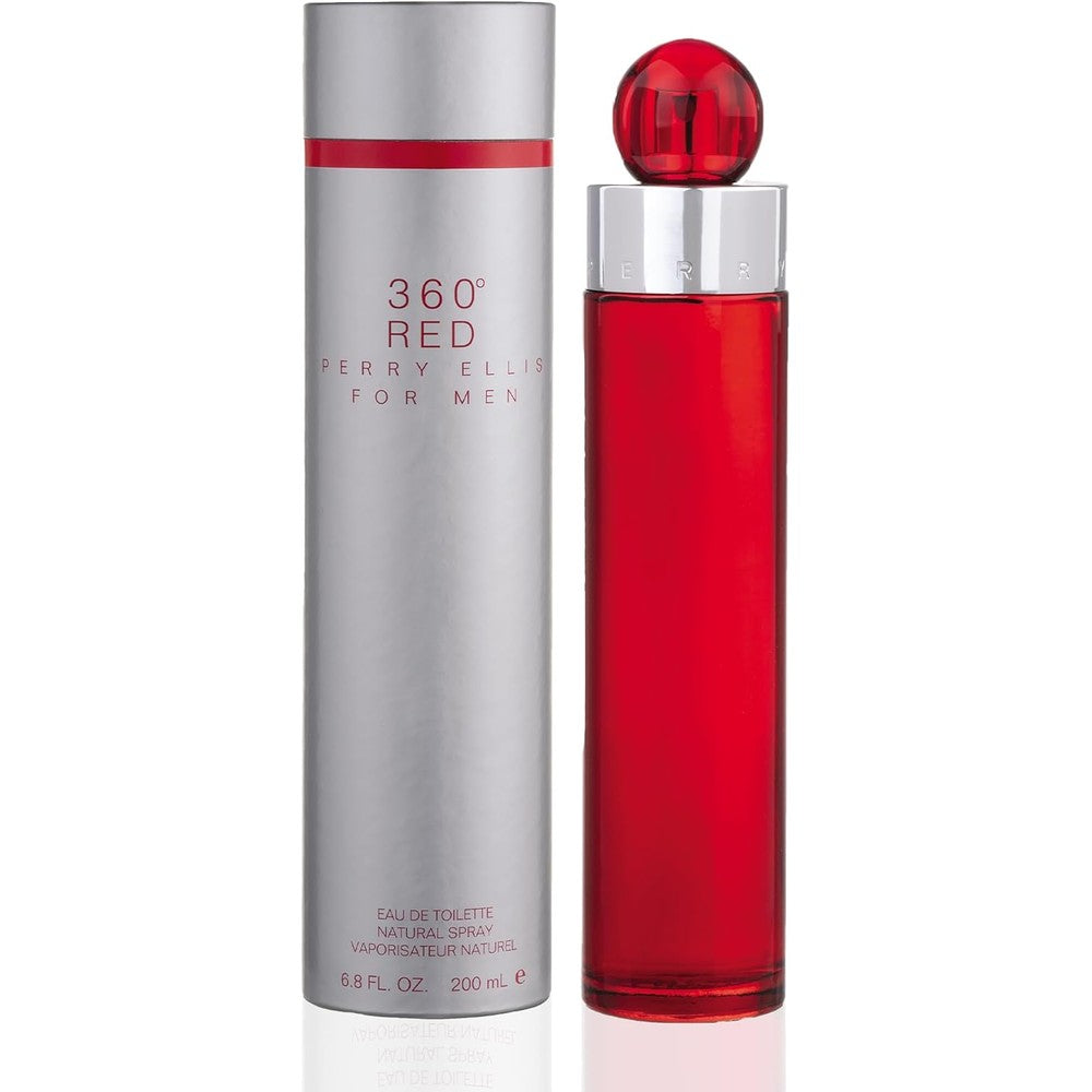 Perry Ellis 360 Red Eau De Toilette front view of the cylindrical silver bottle and packaging box