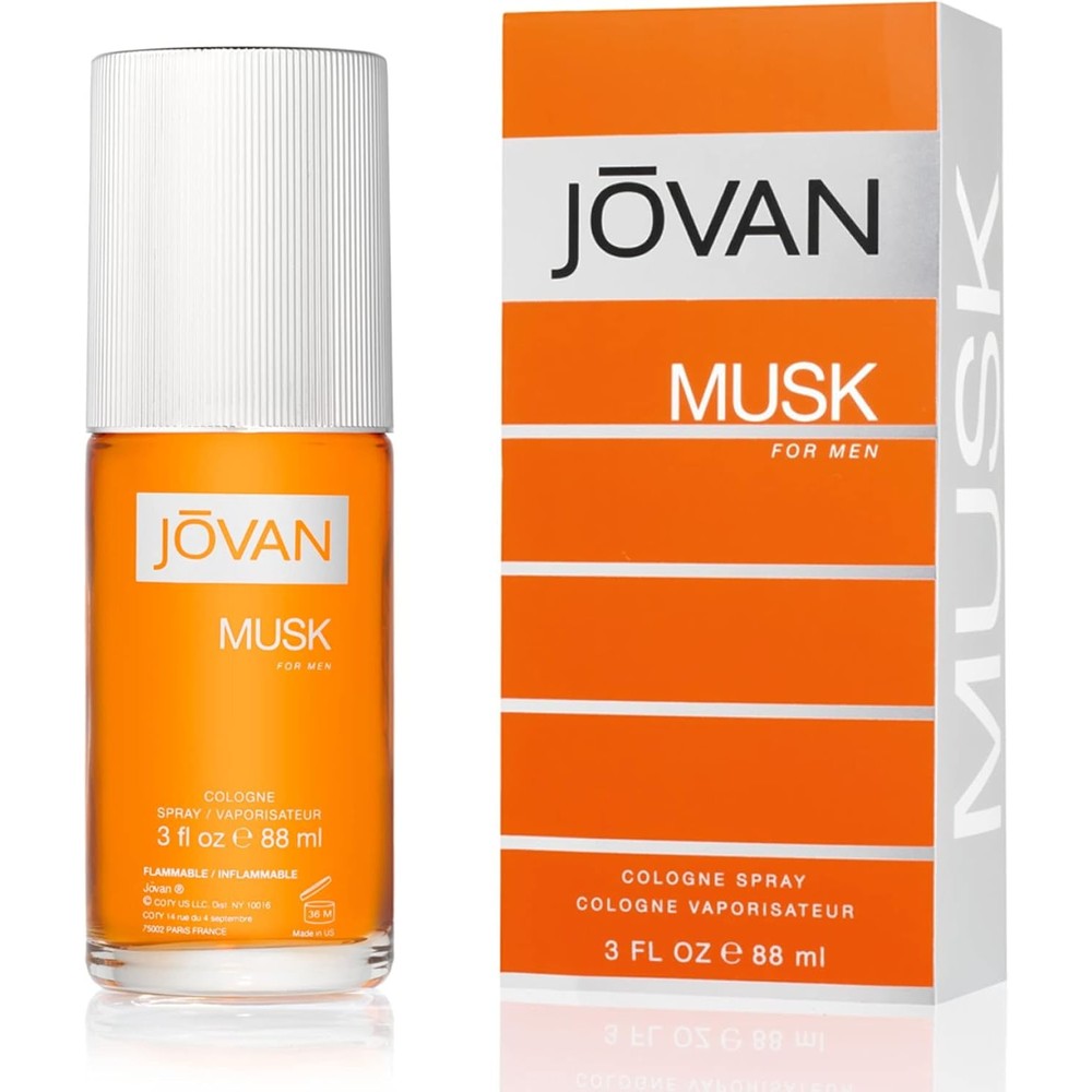 Jovan Musk Eau De Cologne Spray front view bottle and packaging