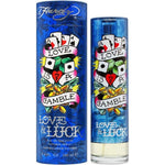 Ed Hardy Love and Luck Eau De Toilette Spray for Men front view showcasing the distinct purple bottle with tattoo artwork