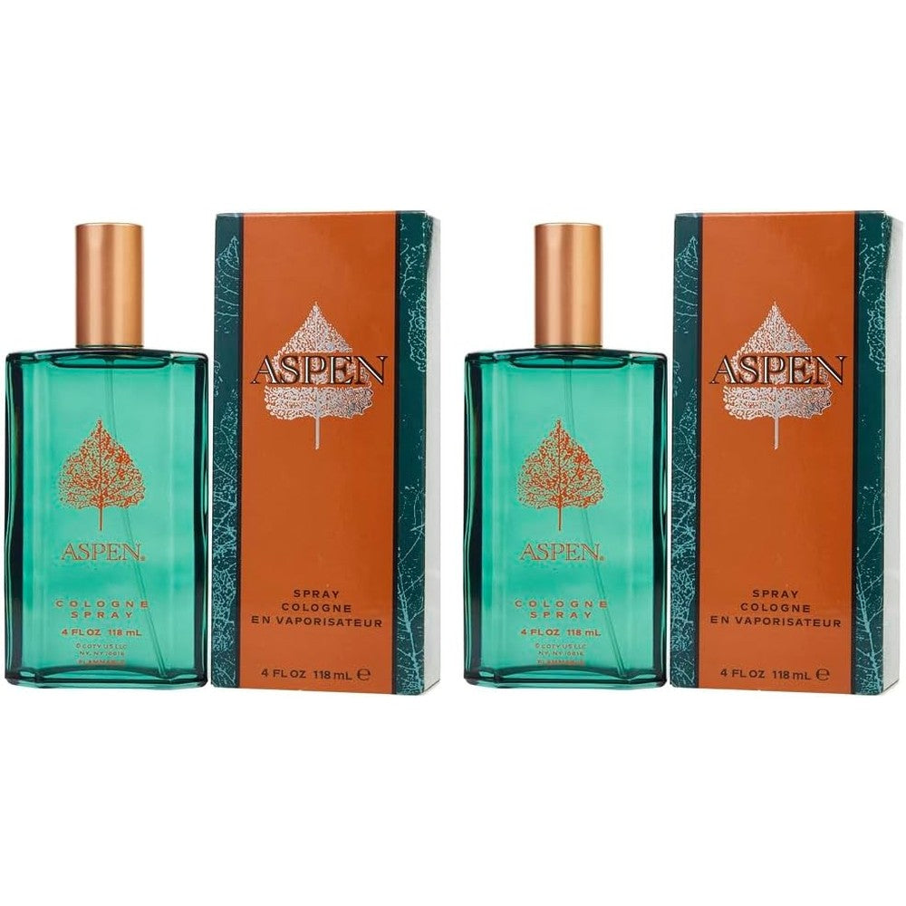 Coty Aspen For Men Eau De Cologne Spray twin pack front view showcasing the classic green bottles and leaf logo packaging.