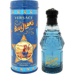 Versace Blue Jeans Eau De Toilette for Men 2.5 Ounces front view showing the vintage glass bottle and blue collectible tin.