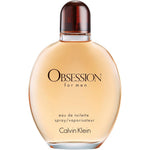 Calvin Klein Obsession for Men Eau de Toilette front view of the iconic amber colored perfume bottle
