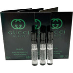 Gucci Guilty Black Pour Homme sample spray vial set front view showing premium black branding packaging
