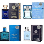 Versace Men Miniature Cologne Sampler Set front view showcasing four distinct designer bottles in luxury packaging.
