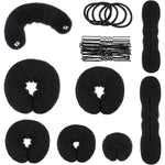 Yinder 34 Piece Donut Hair Bun Maker Set front view showing black mesh rings and foam shapers.
