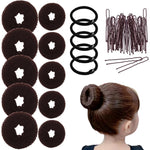 FORESRUM 10 Piece Hair Bun Maker front view showing brown foam donuts and accessories