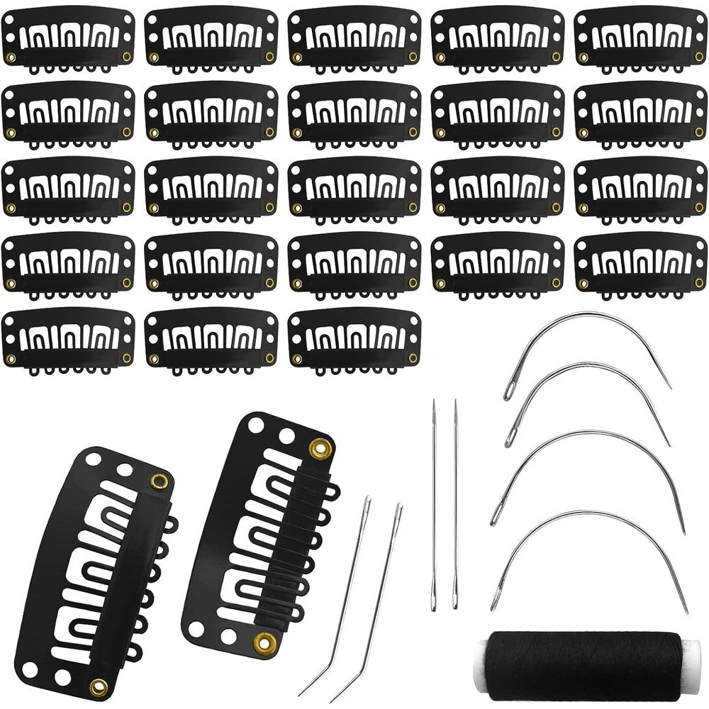 25Pcs 32mm Hairpieces Snap Clips U Shape Wig Clips for Hair Extensions Making Wig Accessories Set Tools (Black)