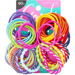 Goody Kids Ouchless Hair Elastics front view packaging showcasing sixty colorful assorted ponytail holders for children.