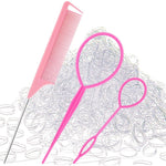 Schembo hair rubber bands and styling tool set front view showcasing clear elastics and pink accessories
