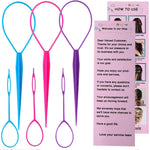 Aigee 6 Piece Topsy Tail and Hair Loop Styling Tool Set front view showcasing the large and small pink blue and purple ponytail makers.