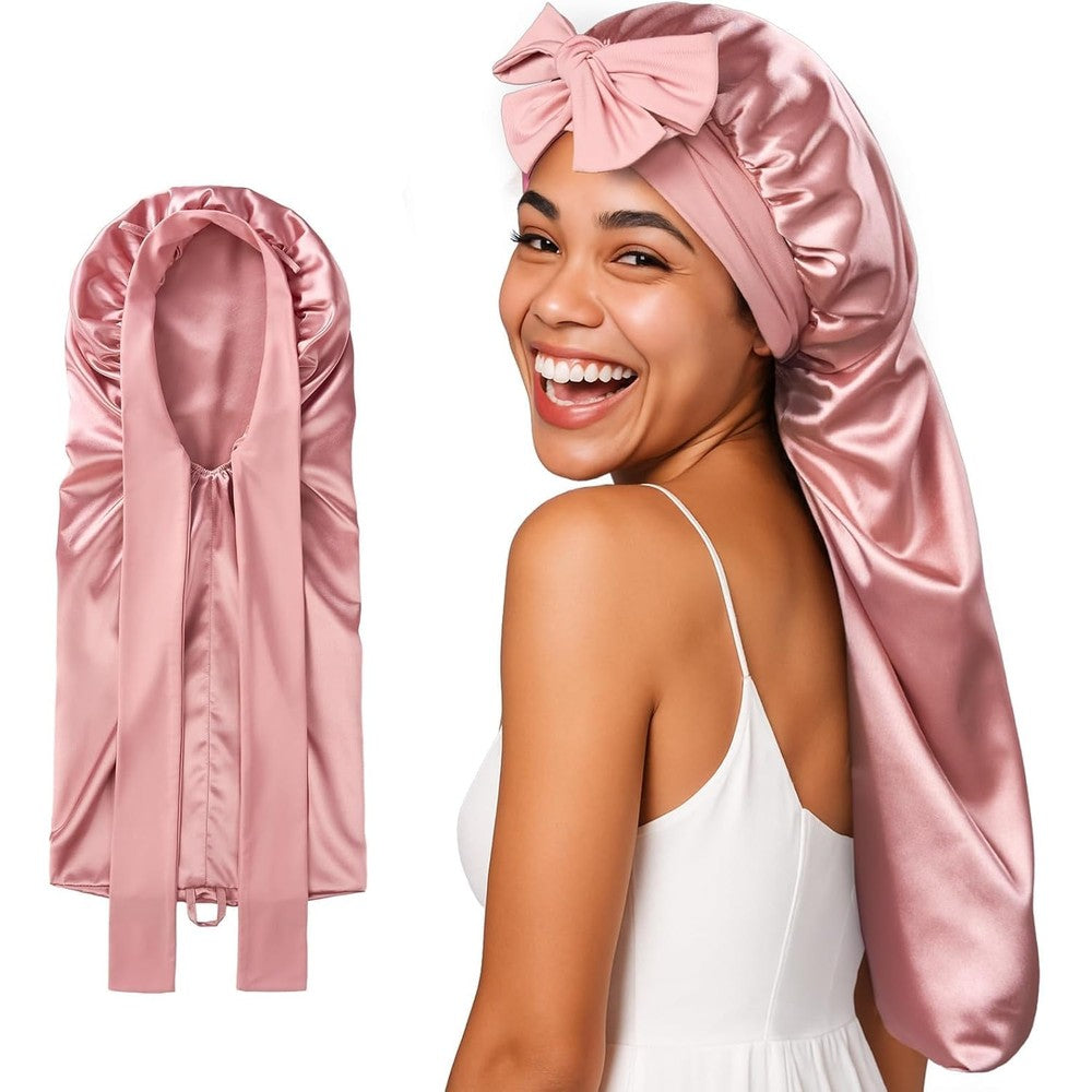 Umisleep mulberry silk bonnet front view showing pink color and adjustable tie band.