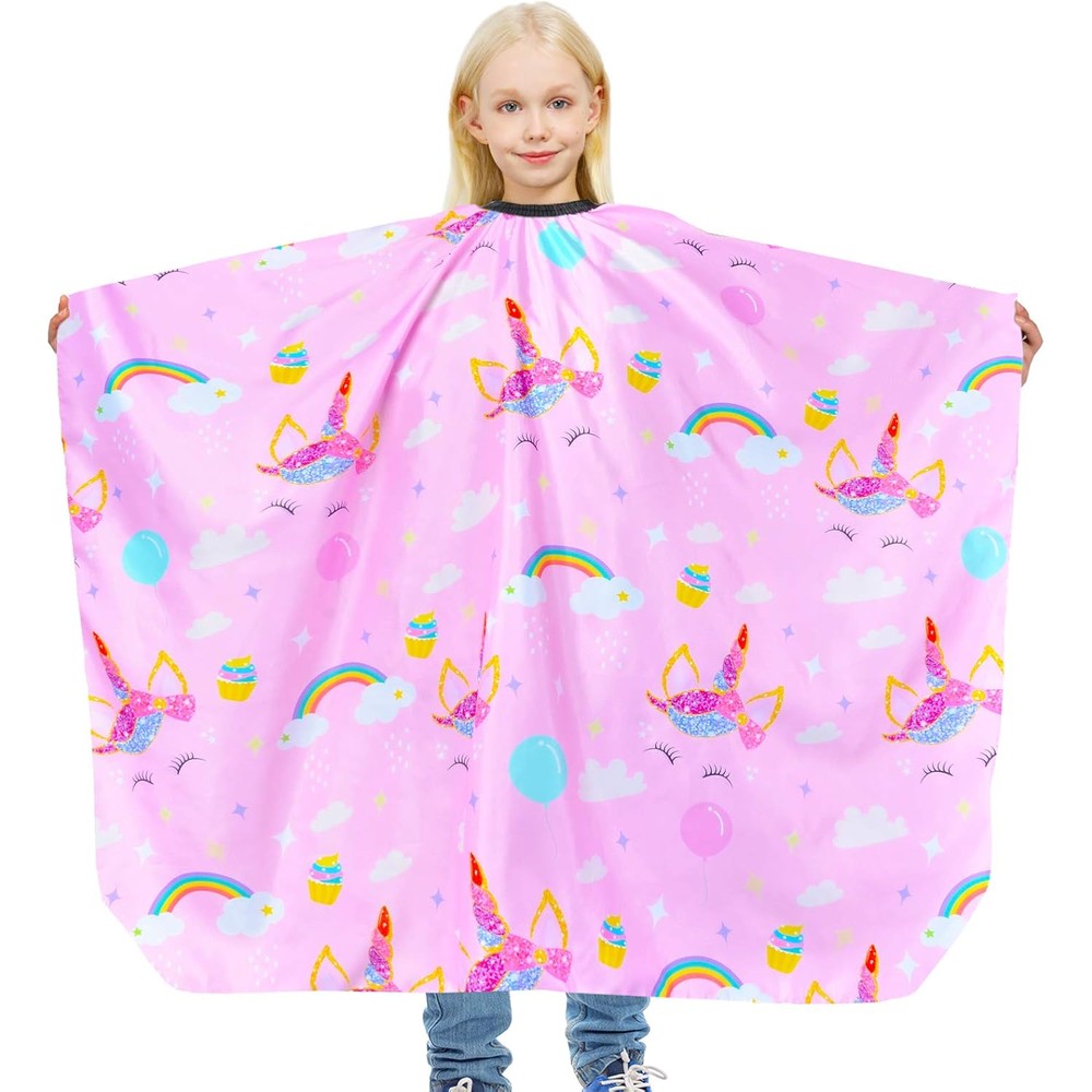 PAMAID kids haircut cape front view showing pink unicorn design.