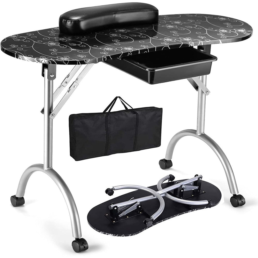 Giantex Portable Manicure Table, Foldable Nail Tech Table with Large Drawer, Wrist Rest, 4 Lockable Casters, Carrying Bag, Nail Salon Table Nail Desk Station for Technician, Black