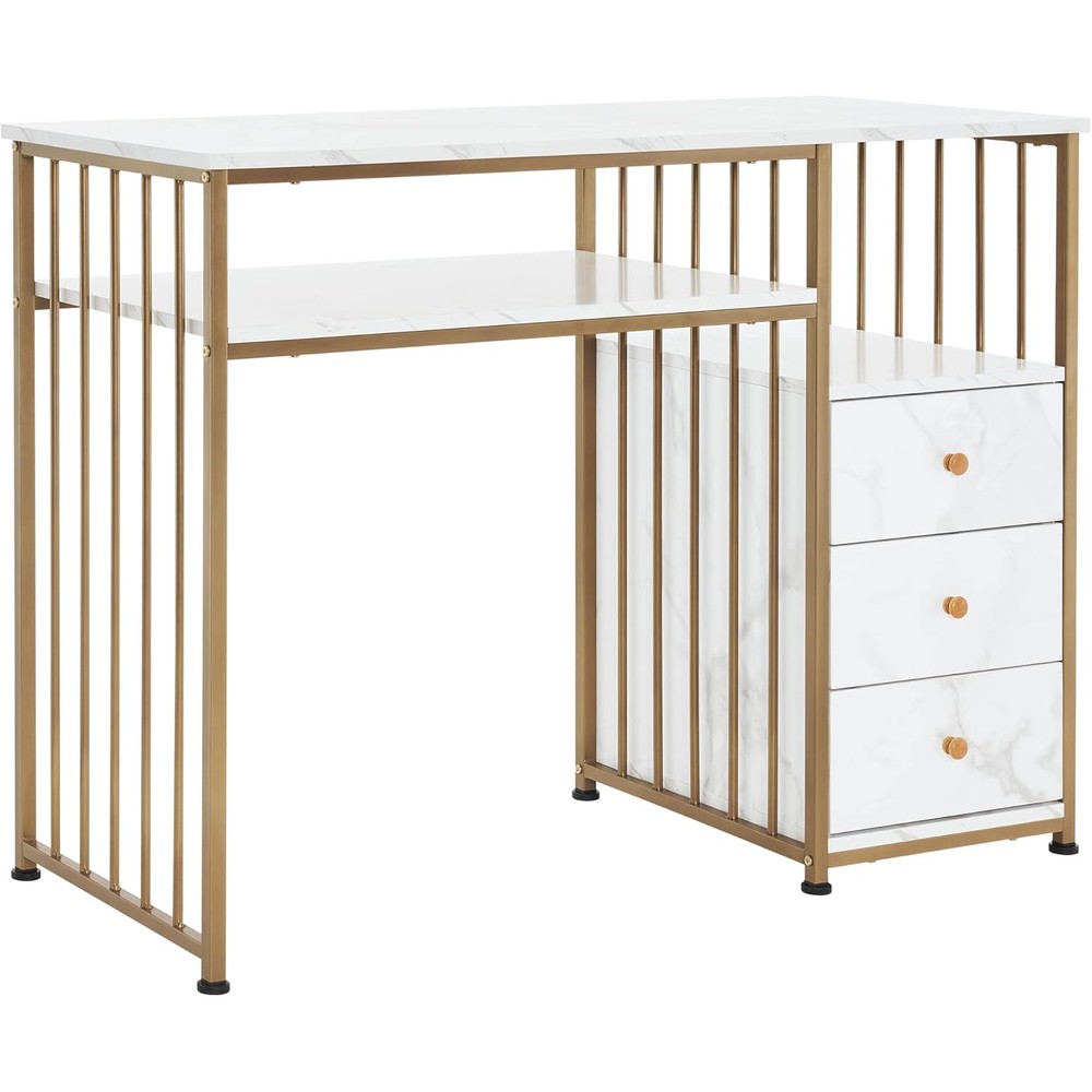 BarberPub Manicure Table for Nail Tech, Golden & Marbling Texture Nail Desk with Storage Drawers and Shelf, Home Salon Spa Equipment, Beauty Nail Table with Metal Frame 2407