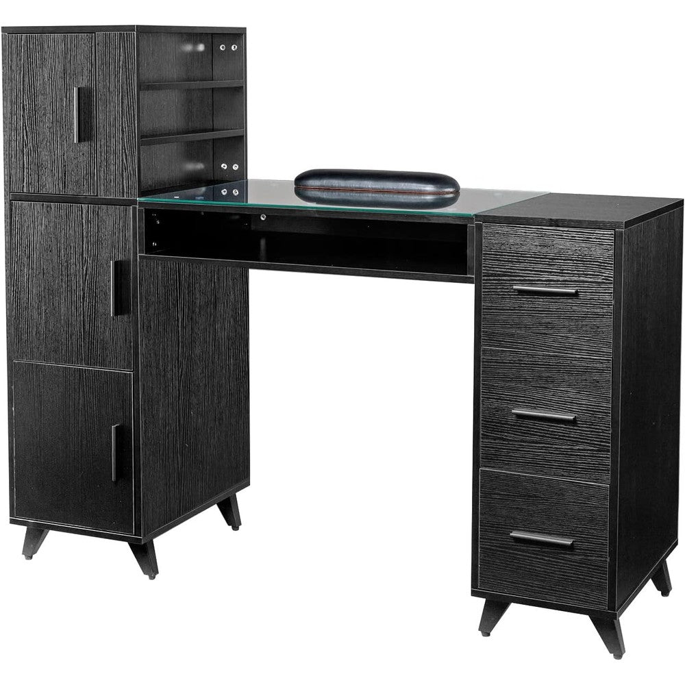 OmySalon Manicure Table Nail Desk for Nail Tech w/Glass Top & Wrist Rest, Beauty Salon Nail Supplies Decor Workstation Acetone Resistant w/3 Side Cabinet+3 Drawers+3 Layers Open Cabinet+1 Open Drawer