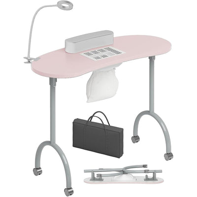 TABU Portable Manicure Nail Table, Foldable Manicure Table with Dust Collector Fan, LED Lamp, 4 Lockable Wheels and Carry Bag, Professional Nail Desk with Wrist Cushion (Pink)