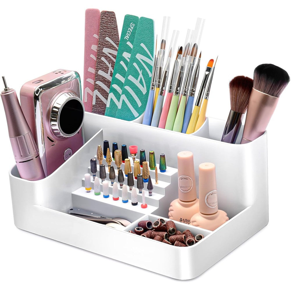 ANRUI Nail Drill Machine & Bits Storage Box, Plastic Nail desk organizer of 28 Holes Nail Drill Holder, Professional Nail Drill Grinding Bit Holder Box for Manicure tools - White