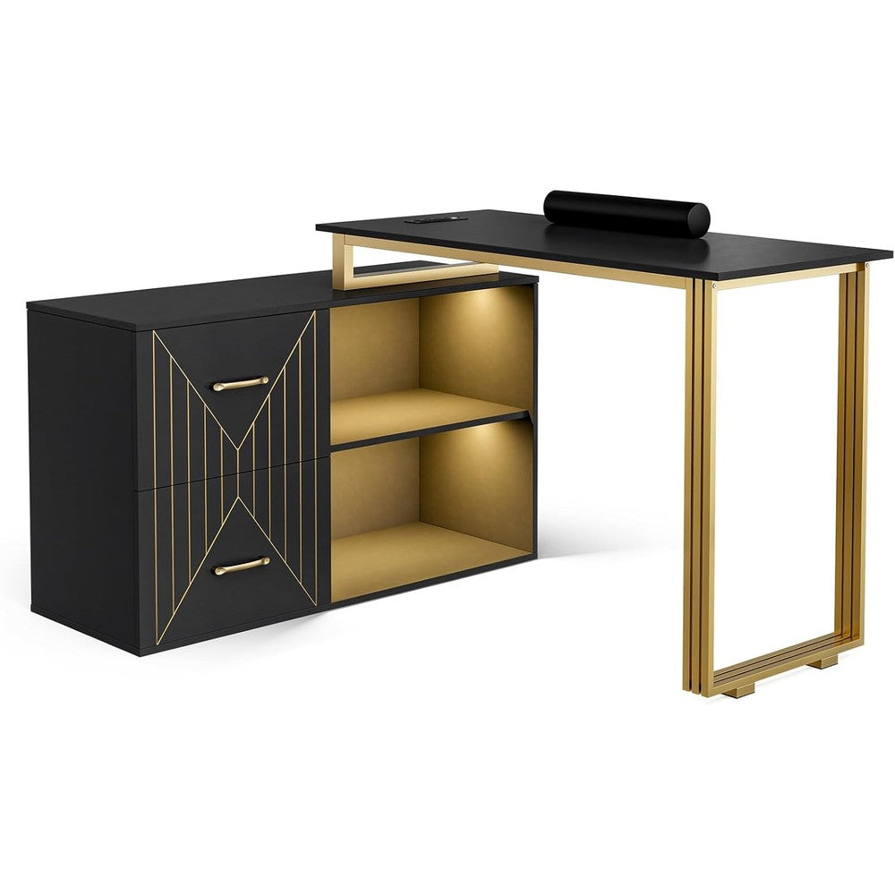 Paddie Manicure Table for Nail Tech with Wrist Cushion, Corner Nail Desk with 2 Drawers and 2 Shelves, Beauty Salon Nail Supplies Decor Station with 16 Colors LED Lights （Black）