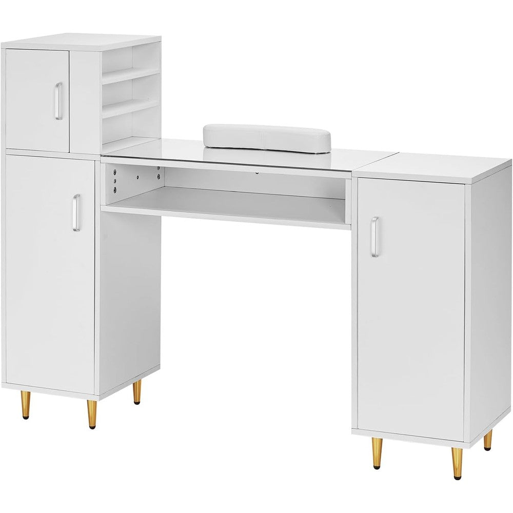 VEVOR Manicure Table, Glass Top Desk Makeup Dressing Station with Storage Cabinets, Acetone-Resistant Nail Tech Table for Spa Beauty Salon Workstation with Wrist Rest, 8 Metal Legs, White