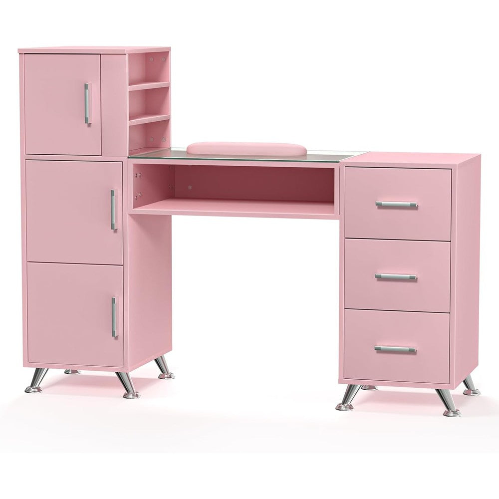 Pink Manicure Table Nail Station Desk w/Glass Acetone Resistant Nail Tech Desk w/Large Capacity