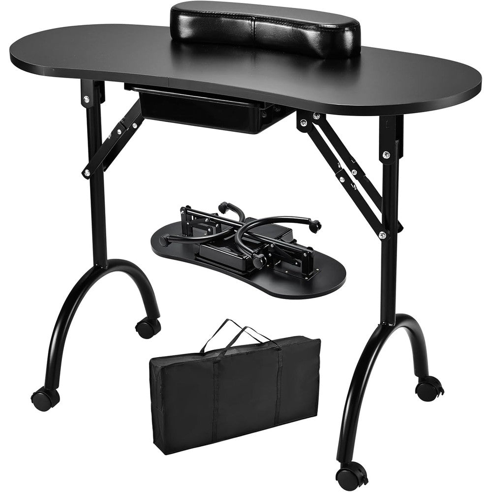 Portable Nail Table Manicure Desk Foldable Nails Tech Station Professional Nail Desk with Drawer & Wrist Rest Wheeled Manicurist Workstation for Home Spa Beauty Salon Black