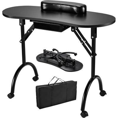 Portable Nail Table Manicure Desk Foldable Nails Tech Station Professional Nail Desk with Drawer & Wrist Rest Wheeled Manicurist Workstation for Home Spa Beauty Salon Black