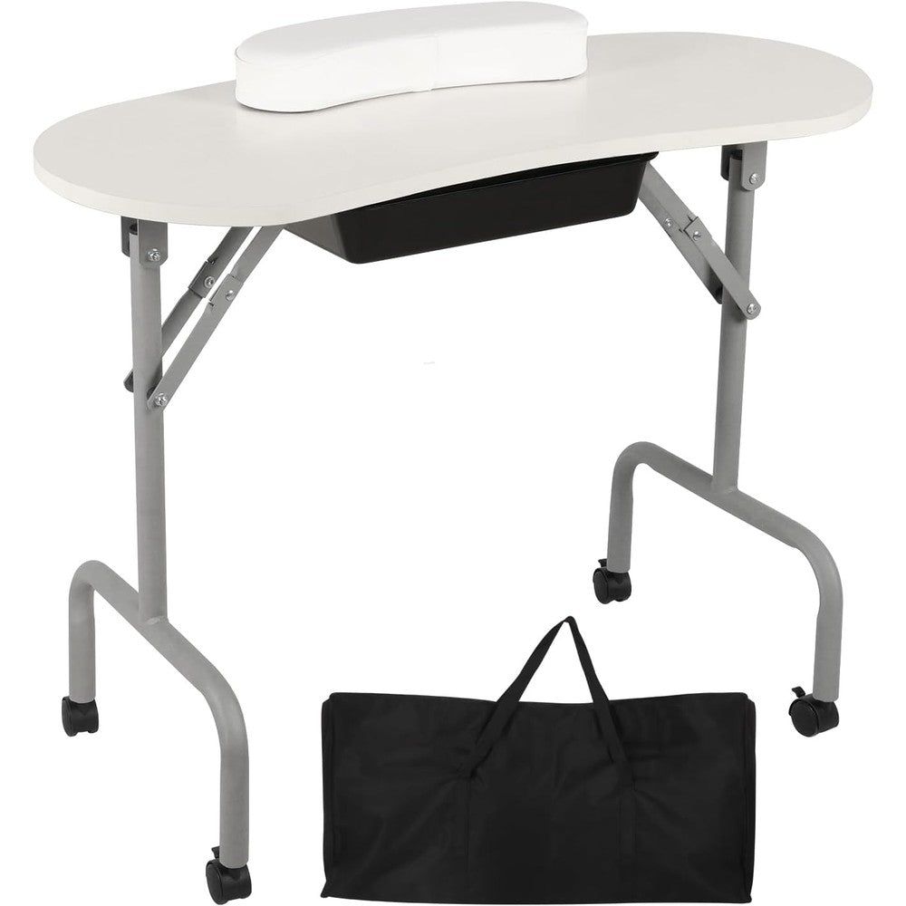 Portable Manicure Table Foldable Nail Desk with Large Drawer Nail Tech Table for Technician Salon Workstation Client Wrist Cushion/Carry Bag/4 Lockable Wheels, 36-inch, White
