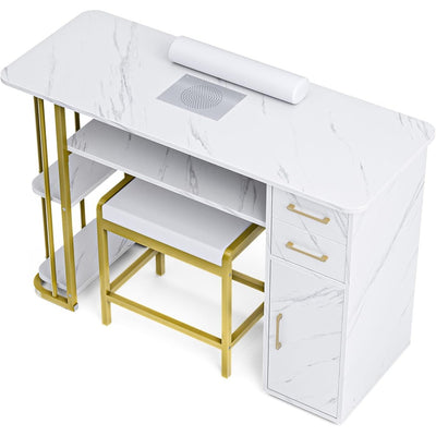 Manicure Table Nail Desk for Nail Tech, Professional Nail Table with Stool, Dust Collector, Dust Bag & Wrist Cushion，Modern Multipurpose Table with Storage Cabinet & Drawers, White