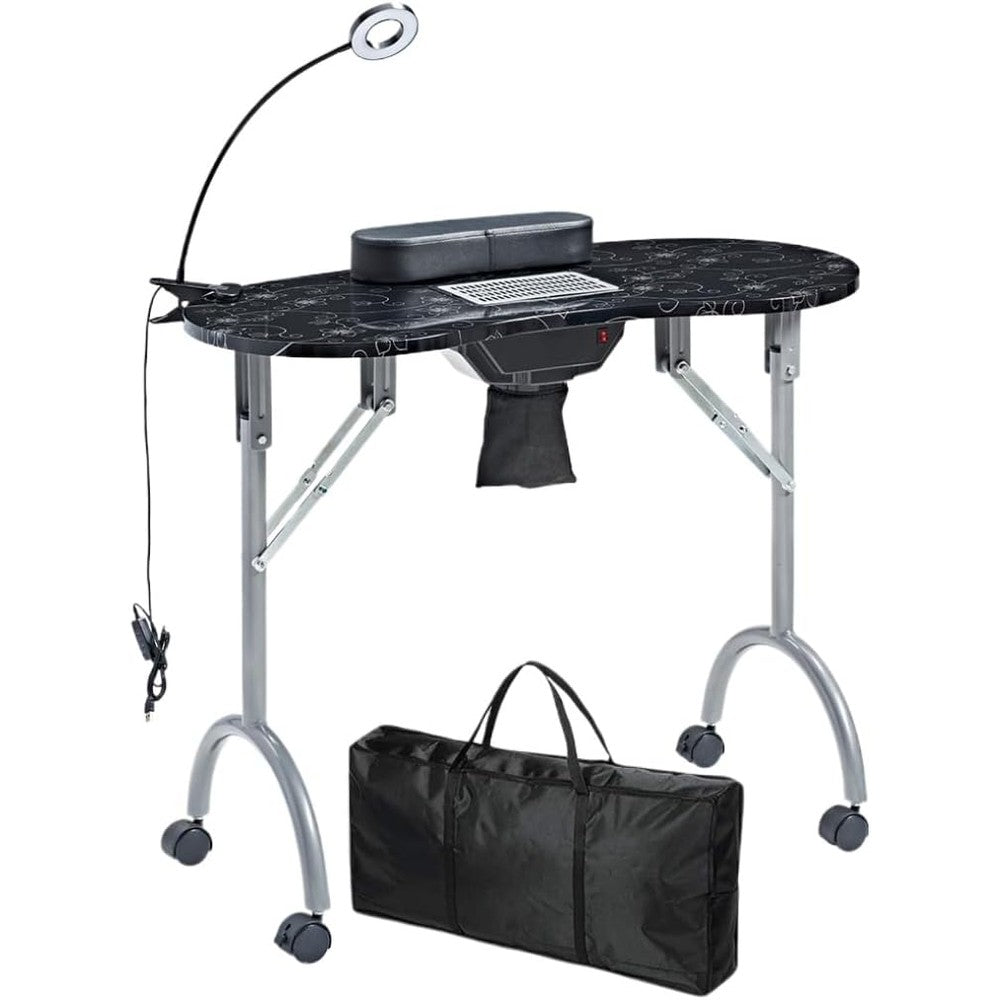 LOVELOGY Portable Manicure Table，Nail Desk 4 Lockable with Wheels,Manicure Desk for Nail Tech with LED Light & Dust Collector,Black