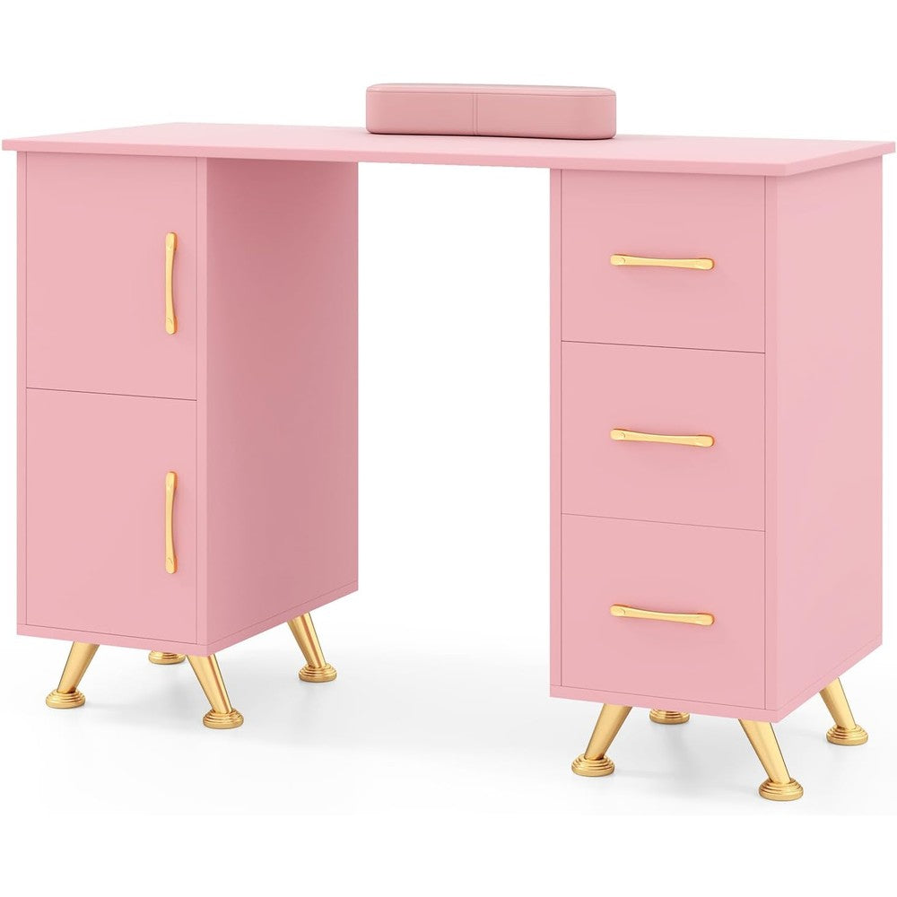 Giantex Manicure Table Nail Desk - Nail Table Station with 3 Drawers, 2 Storage Cabinet, Wrist Rest, Acetone Resistant Nail Art Workstation for Salon Beauty Home, Nail Desk for Nail Tech (Pink)