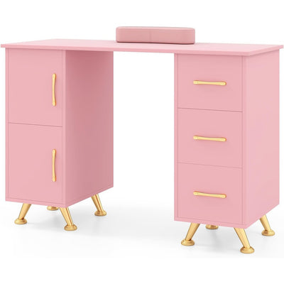 Giantex Manicure Table Nail Desk - Nail Table Station with 3 Drawers, 2 Storage Cabinet, Wrist Rest, Acetone Resistant Nail Art Workstation for Salon Beauty Home, Nail Desk for Nail Tech (Pink)