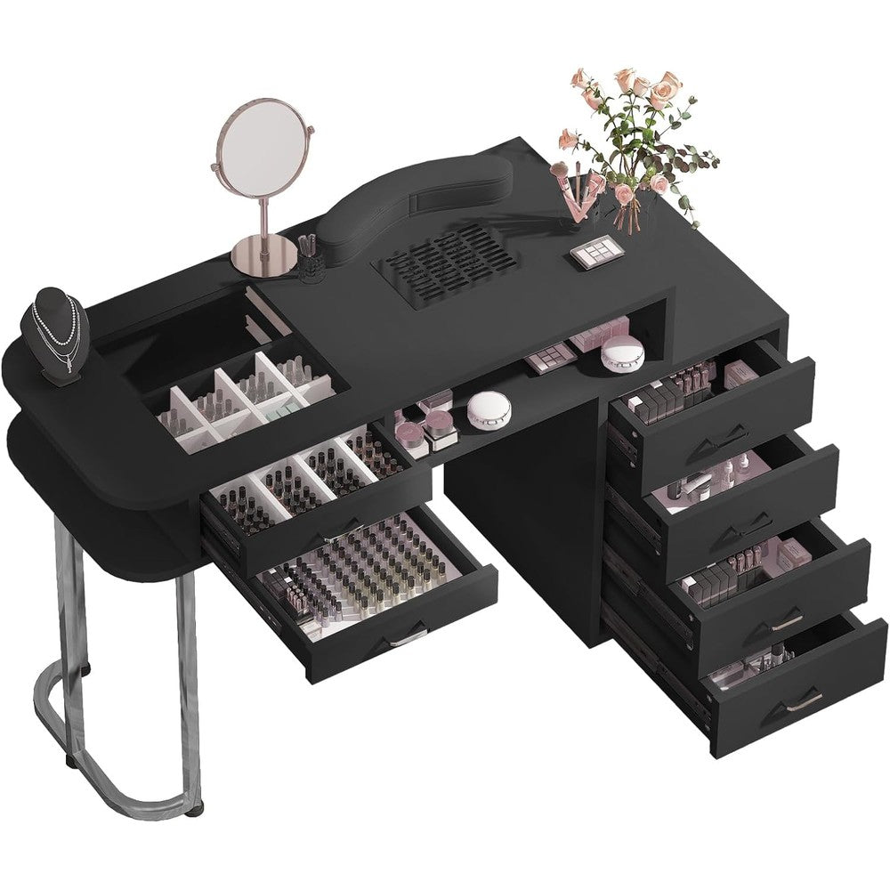 TABU Professional Manicure Table, Large Nail Table for Nail Tech with Glass Top, Nail Workstation with Dust Collector, Wrist Cushion and Large Drawers, Black