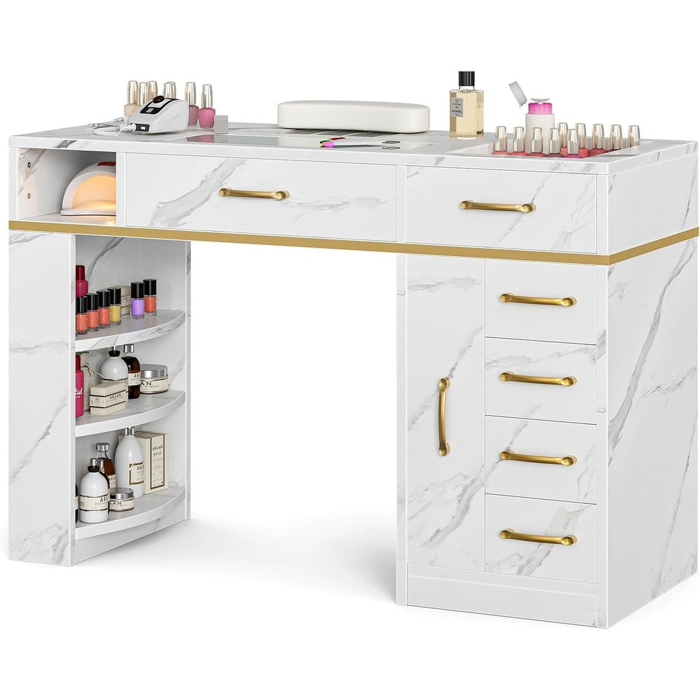 Manicure Table Nail Station for Nail Tech, Glass Top Nail Table w/Electric Dust Collector, 7 Drawers & 3-Tier Shelves, Nail Beauty Workstation w/Wrist Cushion, Golden Handles(White Marble)