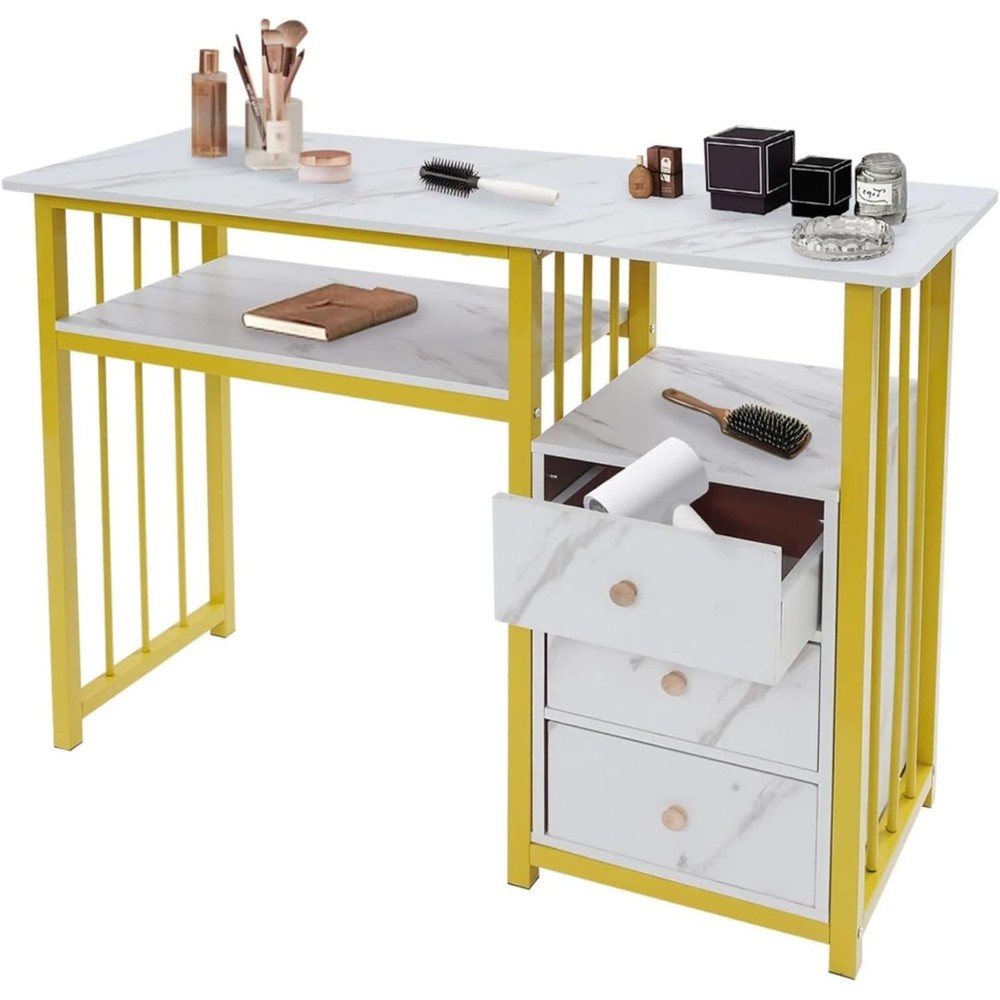 Fashionable Nail Desk Manicure Table for Nail Tech with Three Drawers Gold and White Nail Desk for Nail Tech(39.37 * 15.75 * 29.92in)