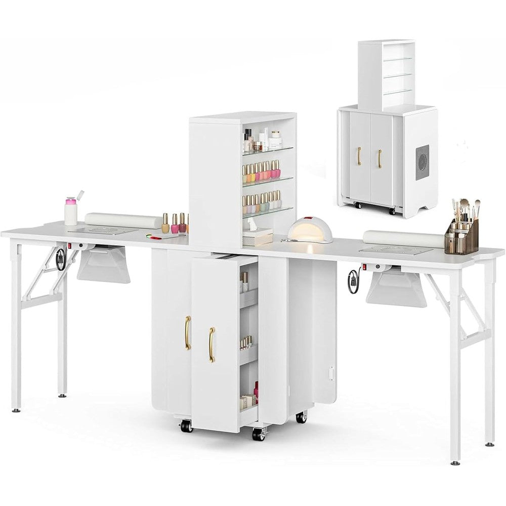 Dual-Station Nail Table Desk Foldable, 2 Desktop Folding Manicure Table Nail Workstation w/Dust Collector, Lockable Wheels, Two Glass Open Shelves & Vertical Drawers, Wrist Cushion