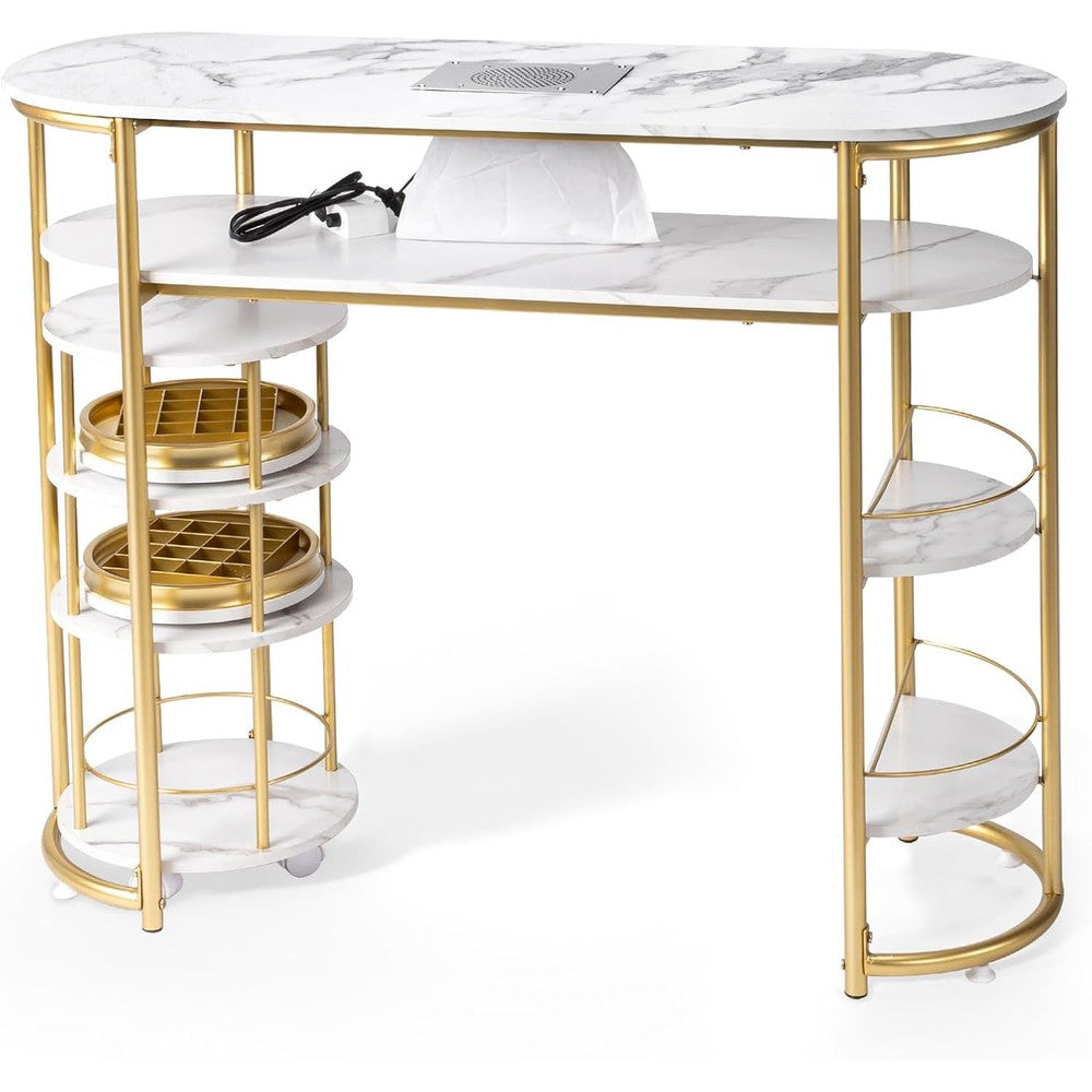 OmySalon Manicure Table w/Dust Collector & Trolley, White Marbling Modern Nail Station w/Rolling Storage Cart, Nail Desk for Nail Tech, for Salon Spa Beauty Makeup, Acetone Resistant