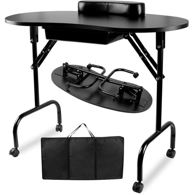 37-Inch Portable & Foldable Manicure Table, Nail Desk Workstation with Large Drawer, Client Wrist Pad, Controllable Wheels & Carrying Case, Professional Portable Nail Table for Spa Beauty Salon