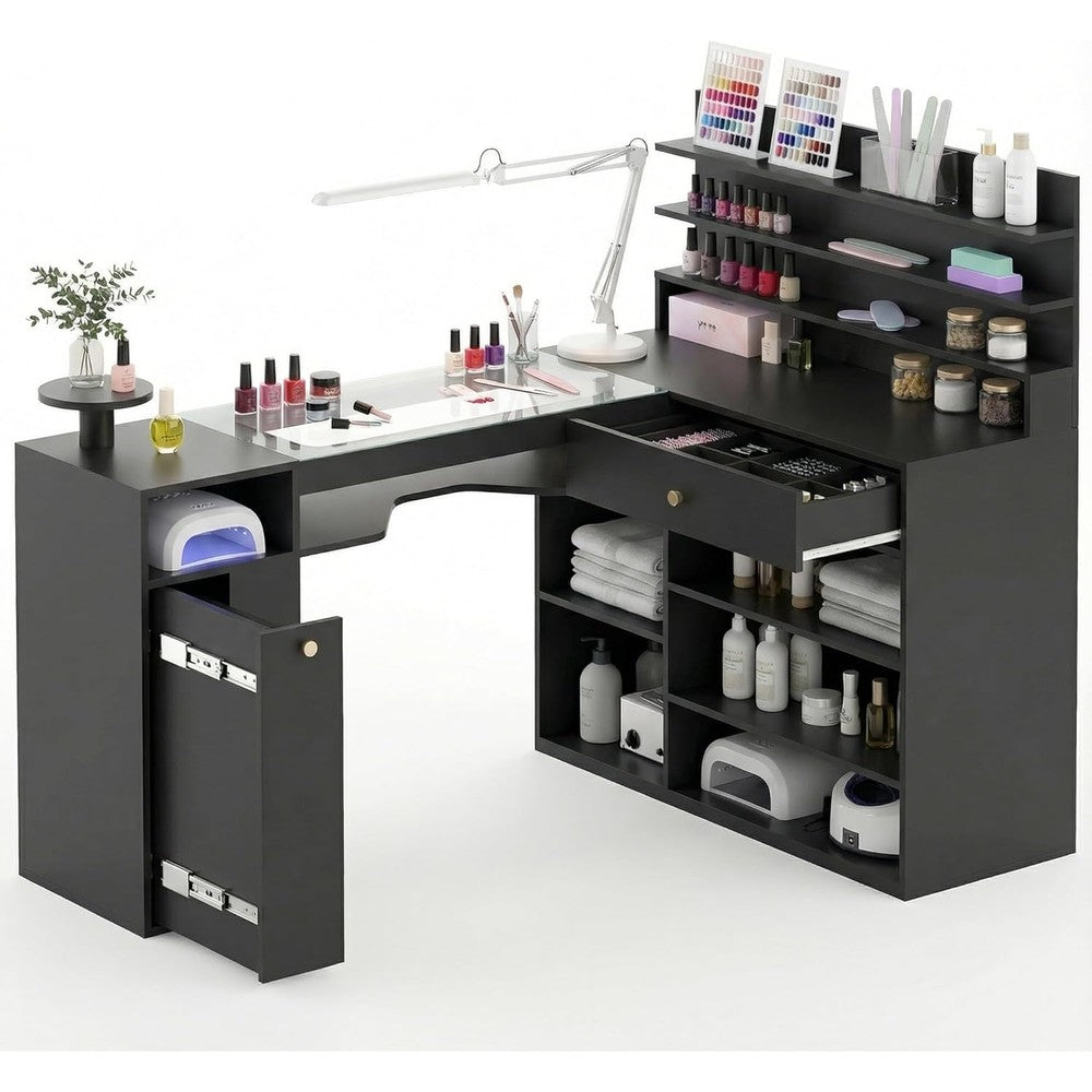 Nail Desk for Nail Tech 60 inch L-Shaped Manicure Table Nail Station with Glass Table Top Black Nails Table with Shelves Drawer Storage Space.