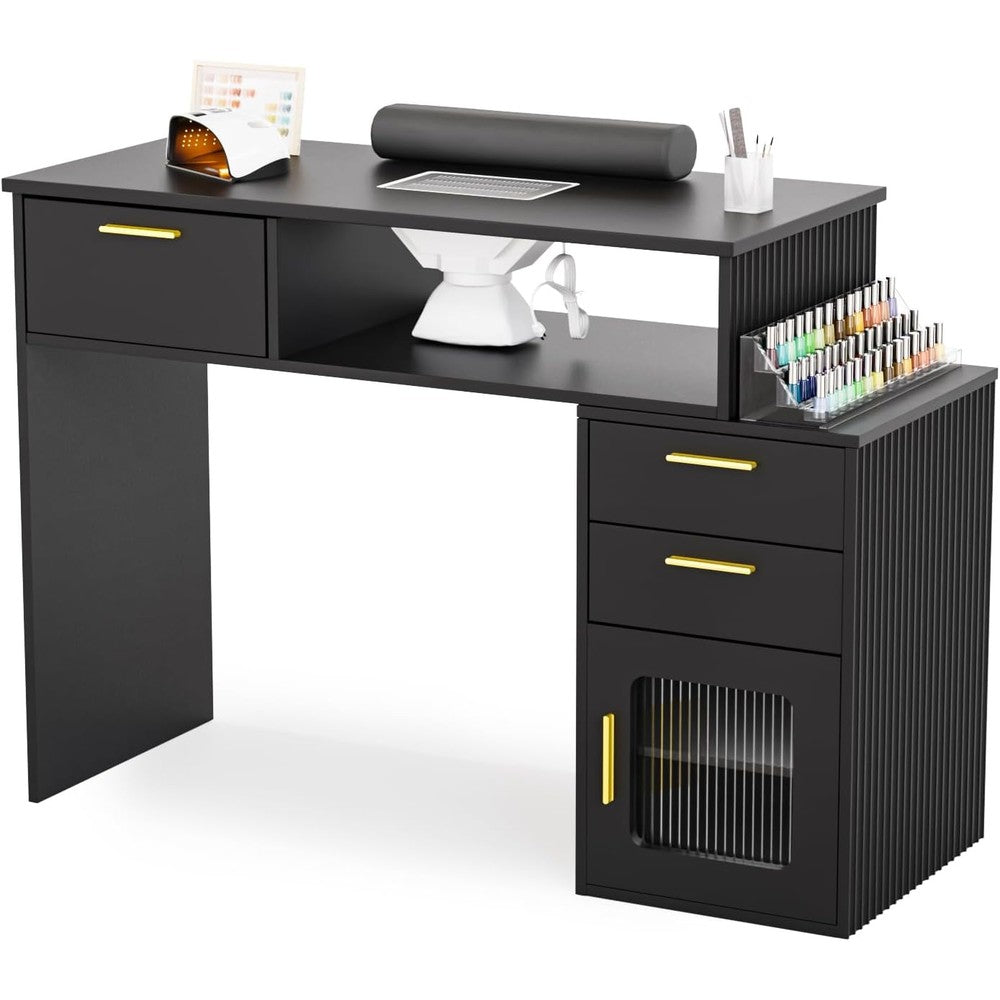 OmySalon Nail Desk with Ribbed Design & Electric Dust Collector - Nail Tech Station with Storage Drawer, Fluted Glass Cabinet & Wrist Cushion for Home Salon & Spa (Black)